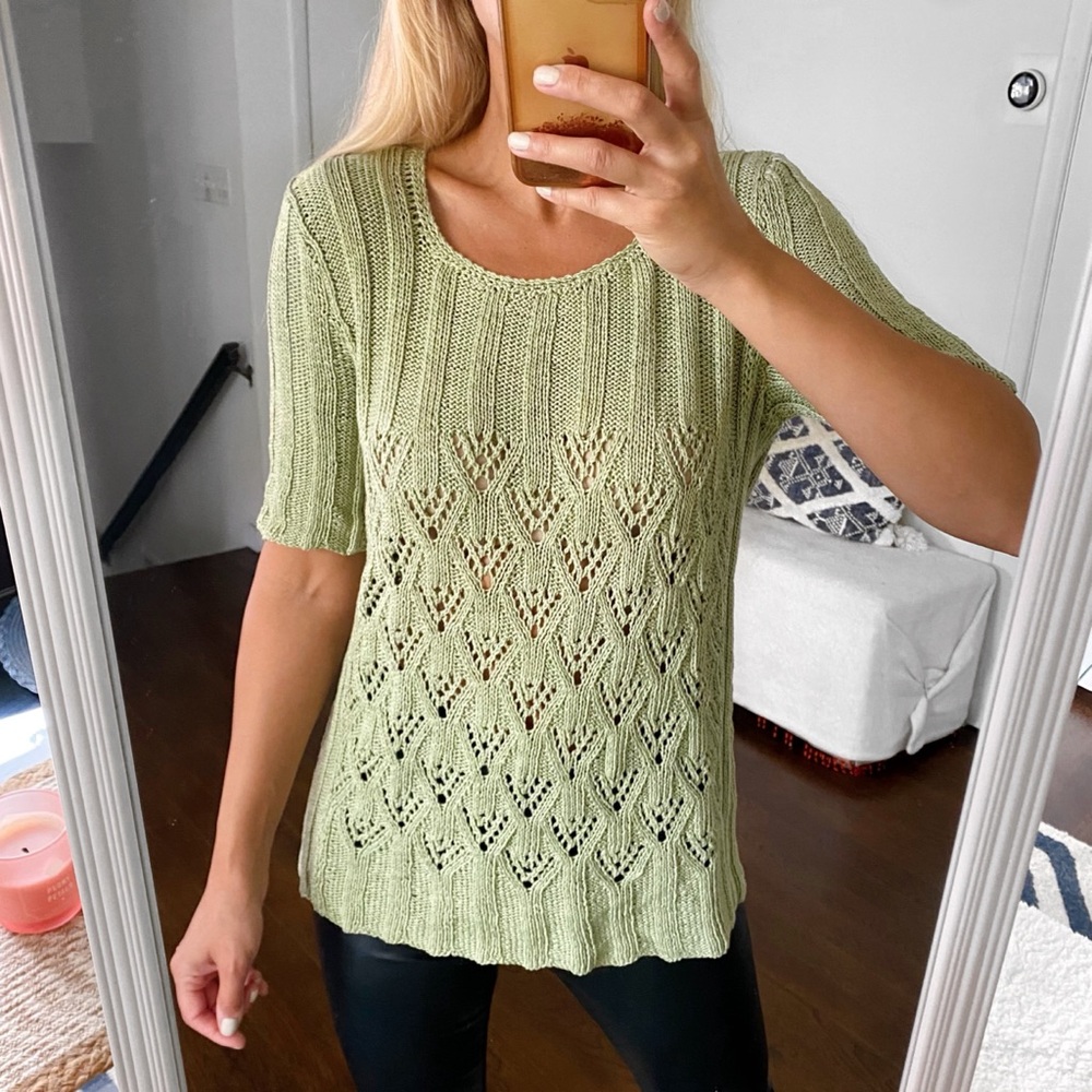 🌿 CASUAL GREEN CROCHET KNIT SHIRT SLEEVE TOP!